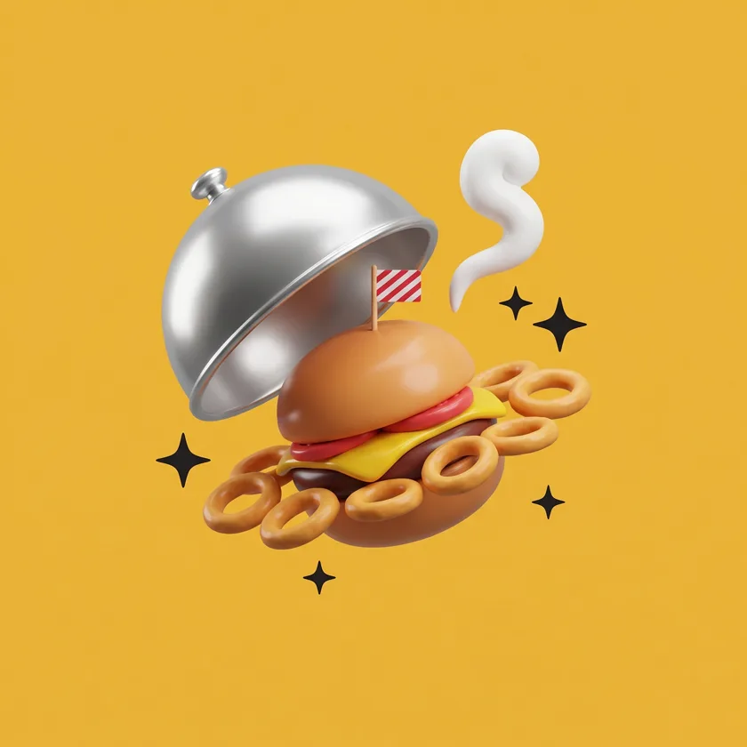 A burger planet with orbiting onion rings under a lifted cloche
