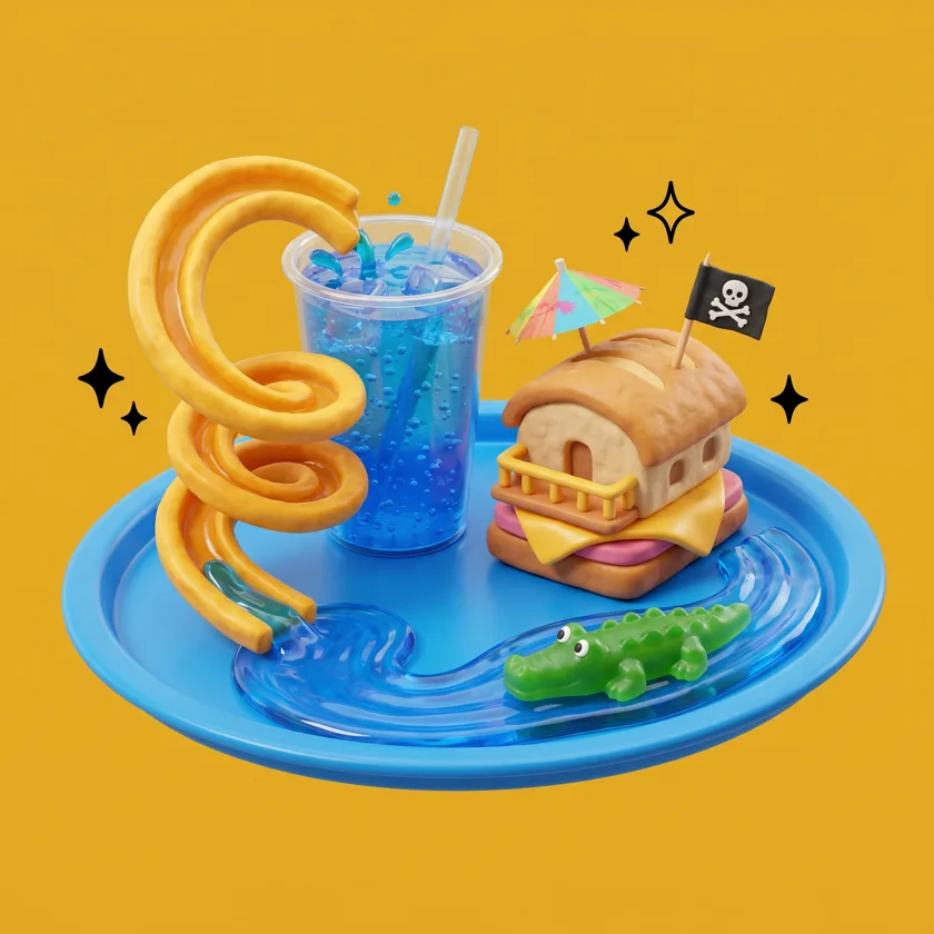 Curly-fry waterslide splashing into a soda-cup pool on a blue tray