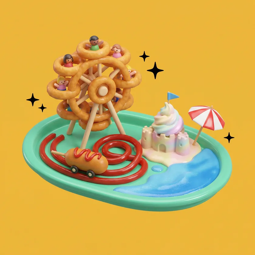 Onion-ring ferris wheel and corn-dog coaster on a seafoam tray