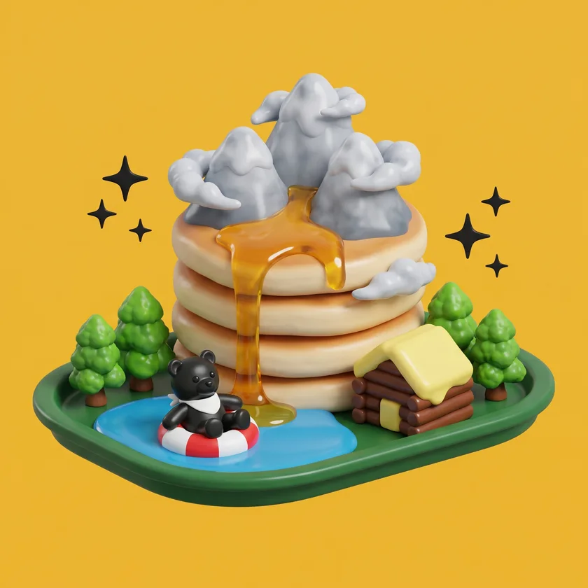 Pancake mountains with a syrup waterfall and a gummy bear in an innertube