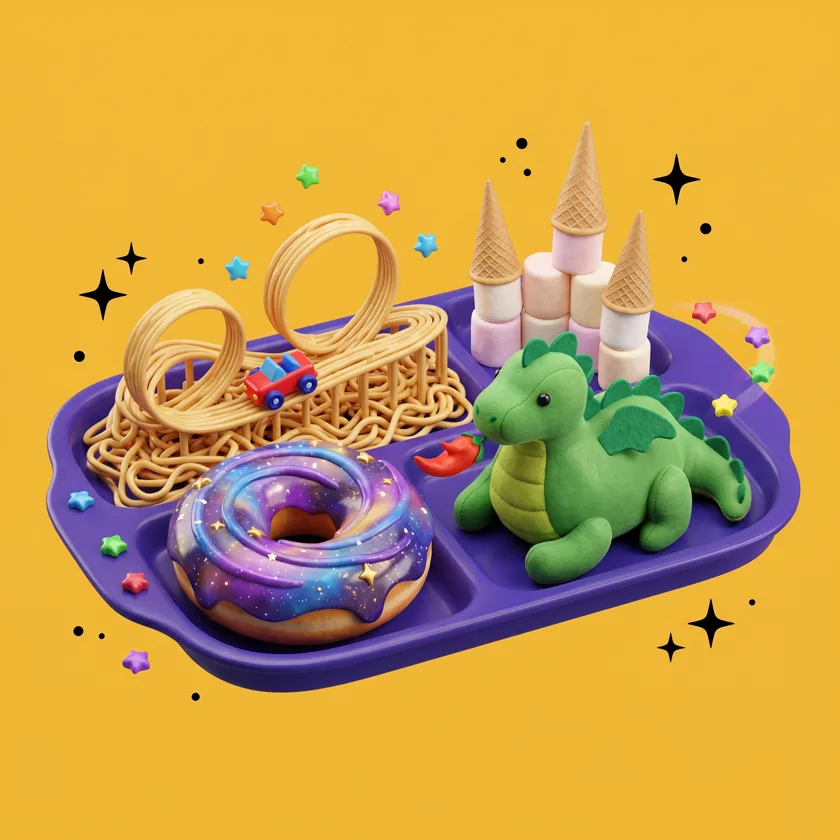A galaxy donut portal, noodle coaster loops and a chili-breathing plush dragon